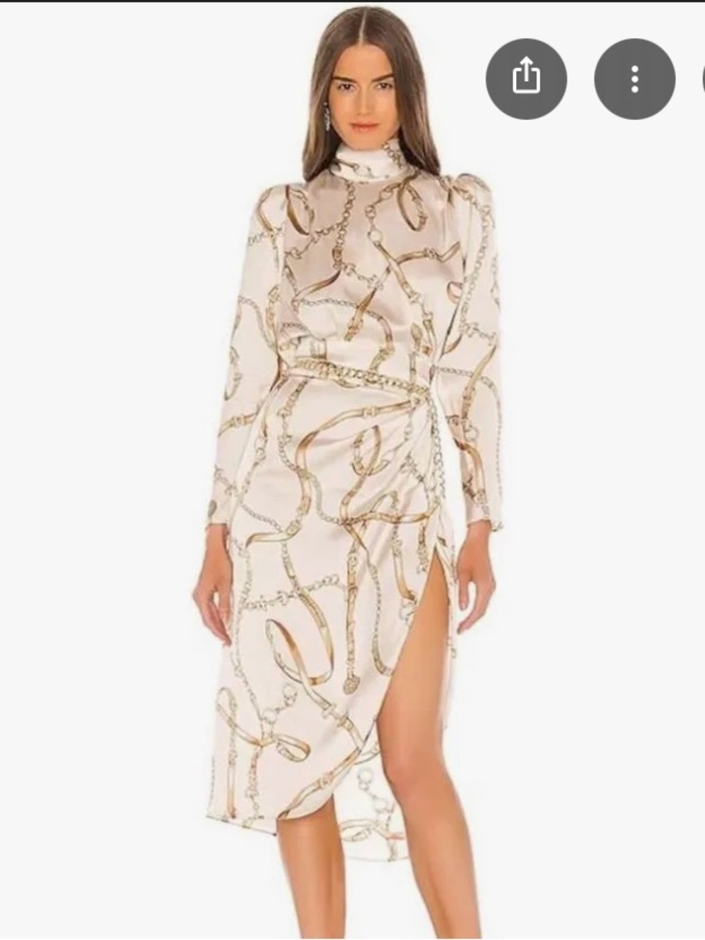 Long Sleeve Chain Print Satin Dress - Cream/Gold